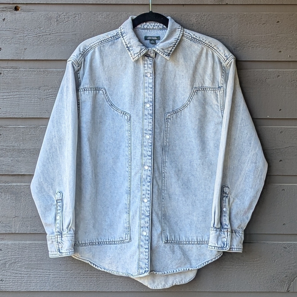 Wild Fable Light Acid Wash Patchwork Shacket Shirt Jacket Oversized Size Small - Picture 7 of 7